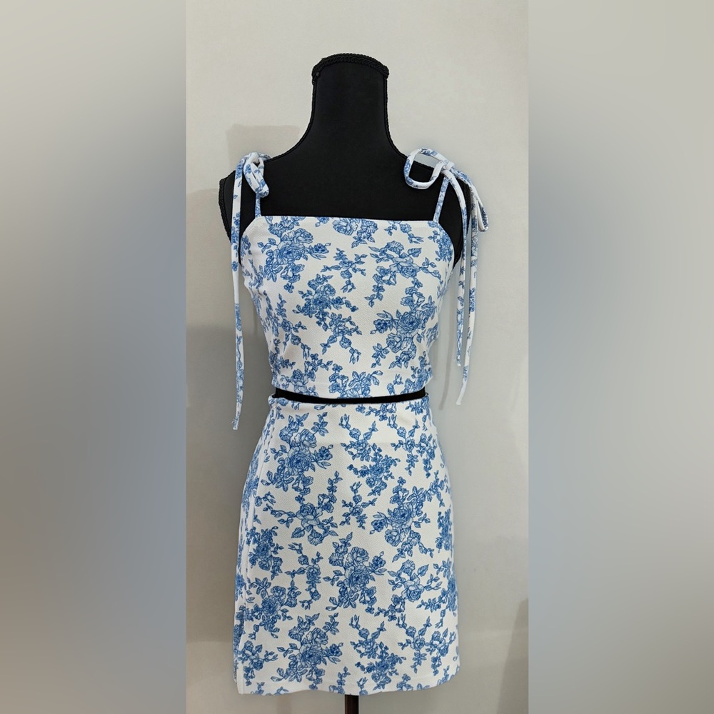SHEIN Blue and White Floral Top and Skirt